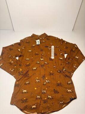 Duluth Trading Co Rust Flannel Shirt with Dog Print